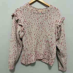Cream Sweater with Red Speckles and Ruffle Details